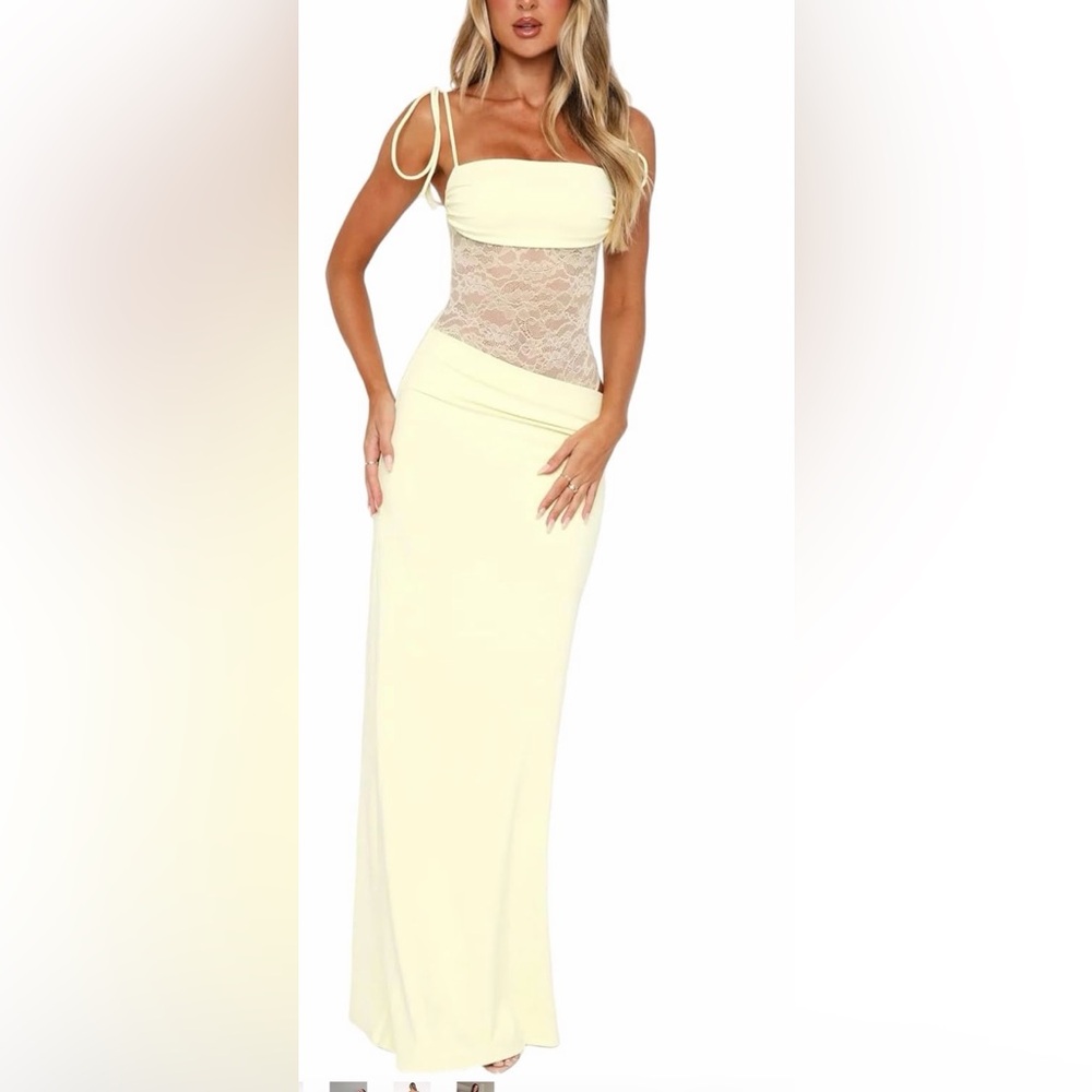 Cream Lace-Bodice Maxi Skirt Dress with Tie Straps